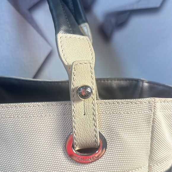 Used] CHANEL Paris Biarritz PM handbag tote bag canvas leather gray ivory/grey - Picture 8 of 16